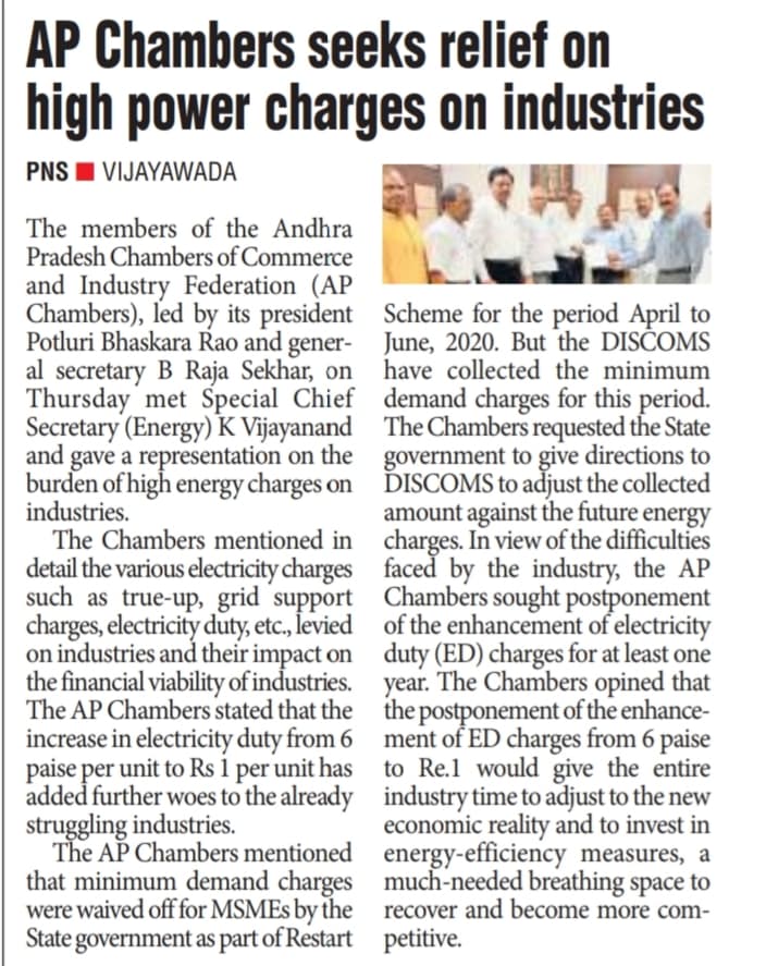 AP Chambers seeks relief on high power charges on industries