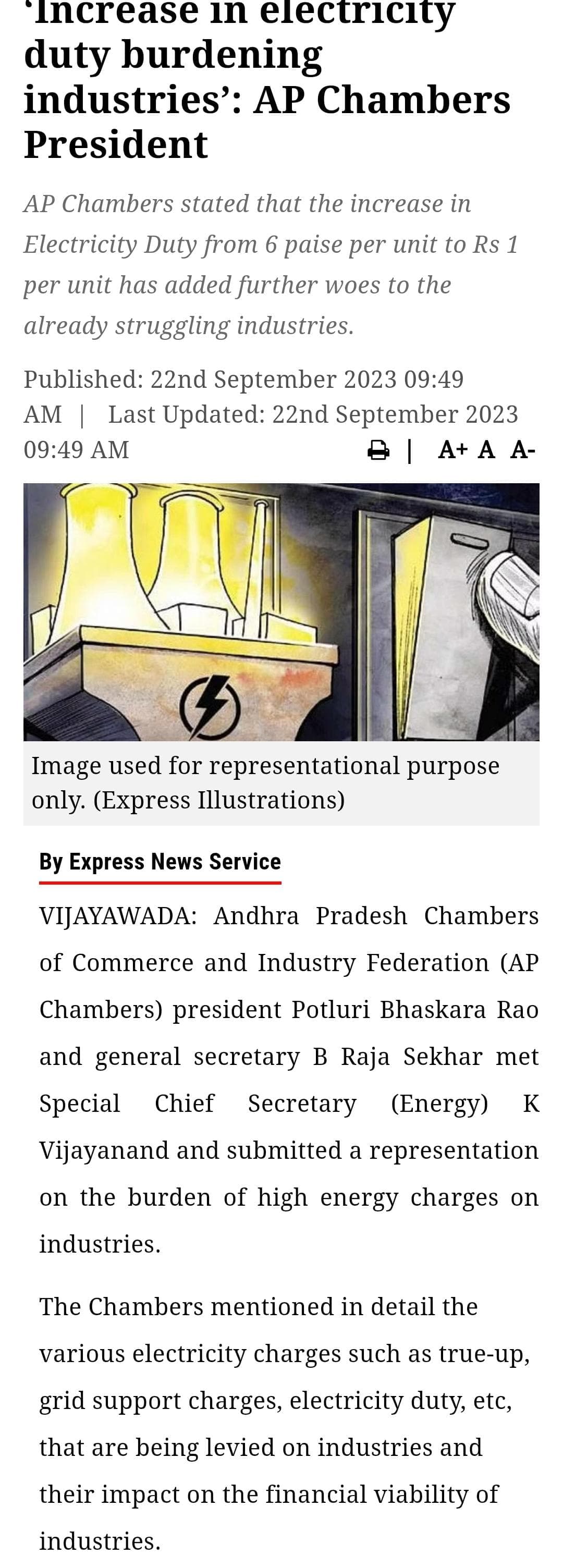 Increase in electricity duty burdening industries’ AP Chambers President