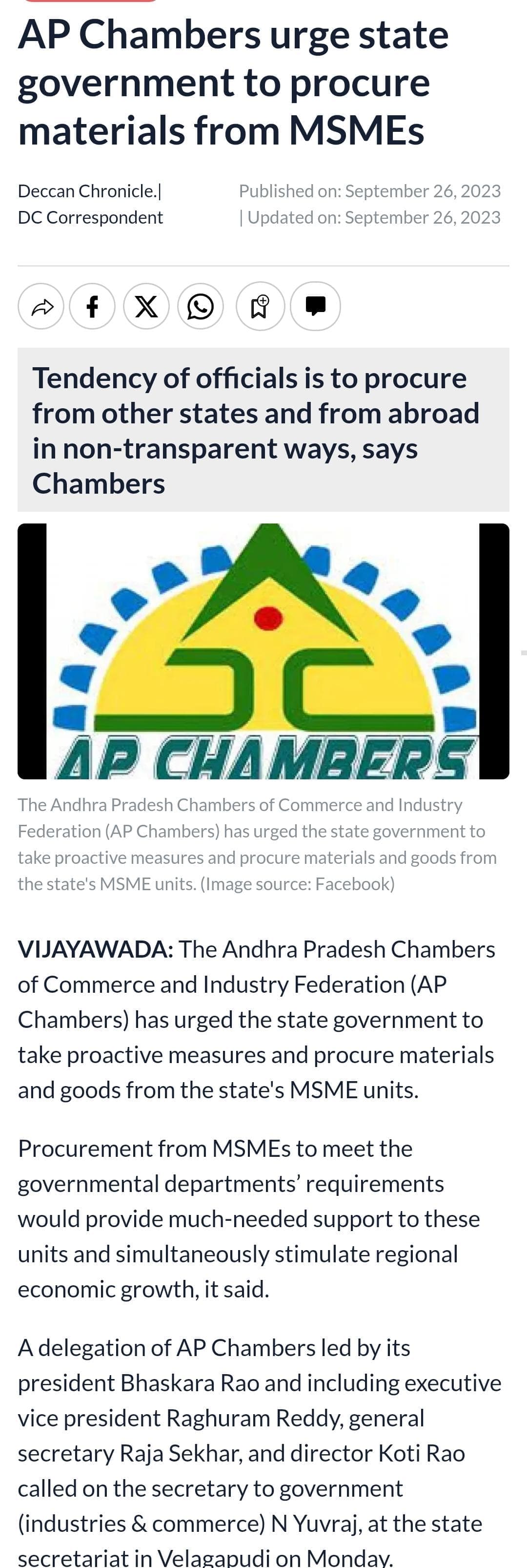 AP Chambers urge state government to procure materials from MSMEs